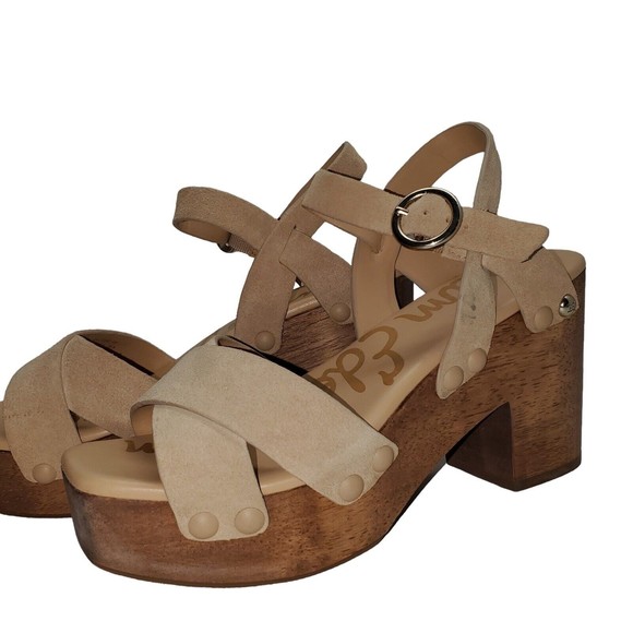 Sam Edelman Women’s Josefine Suede Tan Sandals Wooden Heel Size 6.5M - Picture 7 of 14
